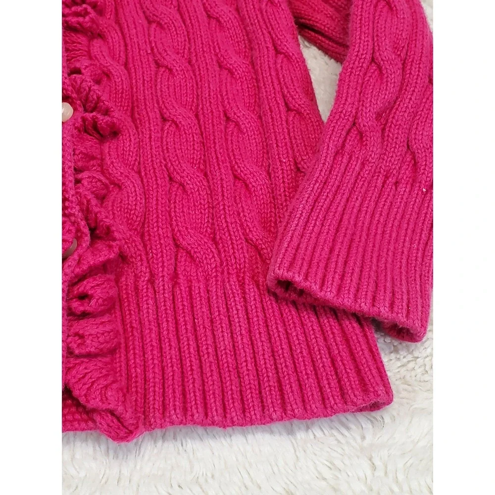 Ralph Lauren Bright Pink Cable Knit Button Ruffle Cardigan 2 2T Preppy Classic